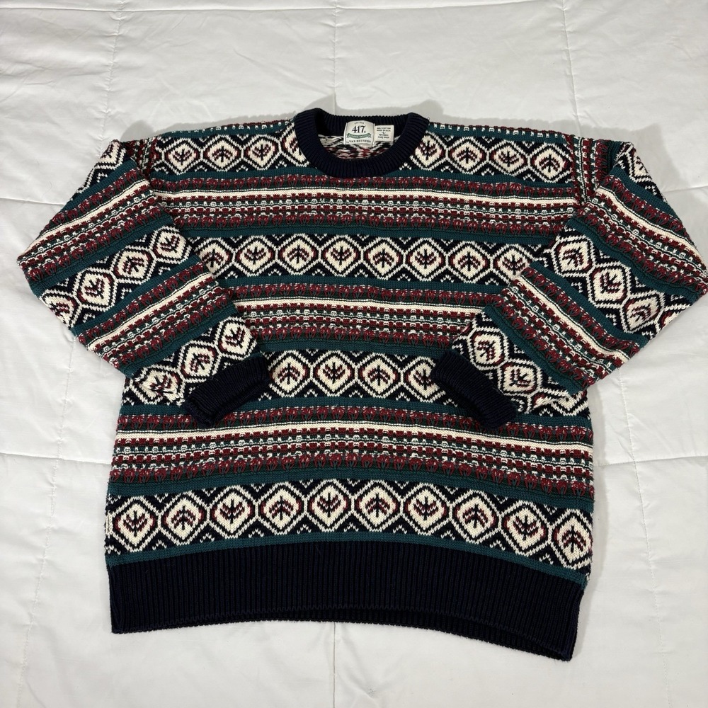 Vtg 90s 417 Van Heusen Fair Isle Heavy Knit Sweater Adult Size Large USA Cotton